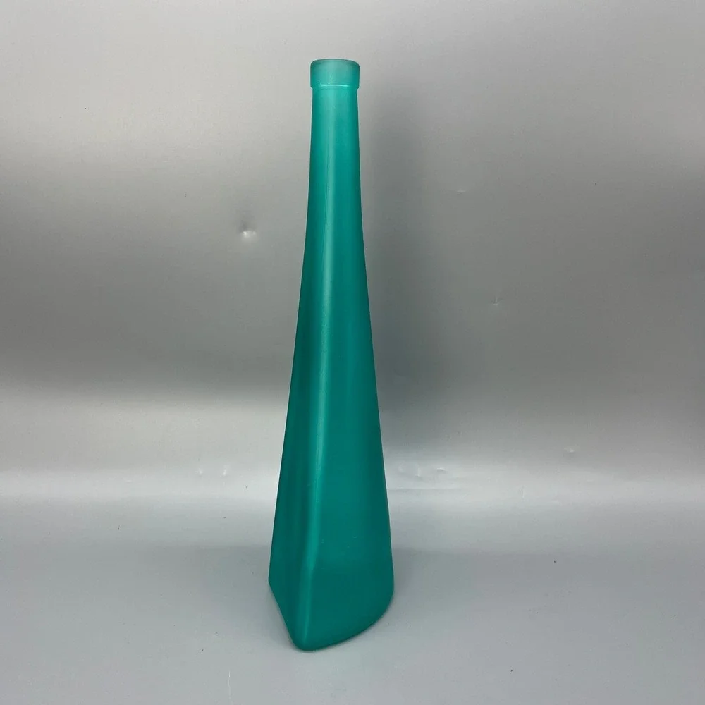 Vtg Teal Frosted Glass Pyramid Bottle Vase 75cl Triangular Curved Mid Century
